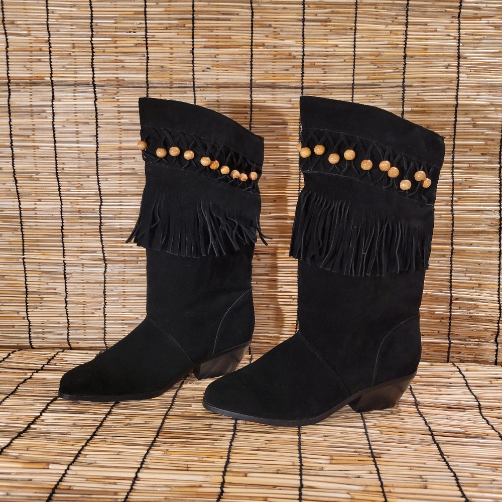 A. J. VALENCI Black Suede Fringe Beads Boots Almond Toe Stacked Heel